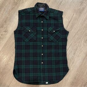 Pendleton Wool Sleeveless Button Up Shirt in Green and Black Buffalo Plaid